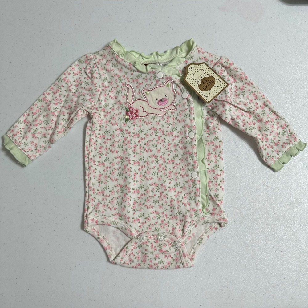 Baby Grand Cat Applique Floral Bodysuit Cotton Ruffle Pink Green NWT 3/6M